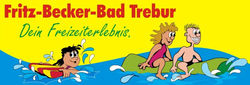 Das Bild zeigt das Logo Fritz-Becker-Bades. Zu sehen sind im Stil einer Comic-Zeichnung 3 Badegäste auf einer blauen Wasserwelle und darüber vor gelben Hintergrund der Schriftzug Fritz-Becker-Bad Trebur - Das Freizeitbad