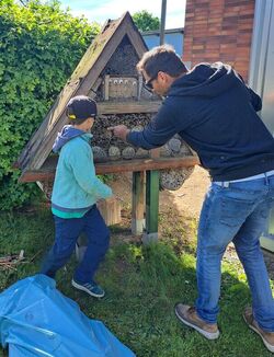 Insektenhotel Auf dem Bild ist links ein Kind und rechts ein Mann zu sehen die vor einem größeren Insektenhotel stehen