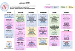 Das Bild zeigt eine tabellarische Übersicht der Angebote im Familienzentrum Trebur für Januar 2026