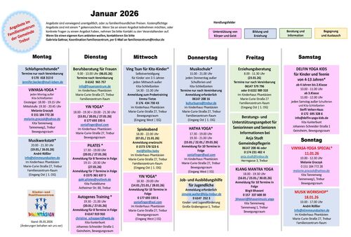 Das Bild zeigt eine tabellarische Übersicht der Angebote im Familienzentrum Trebur für Januar 2026