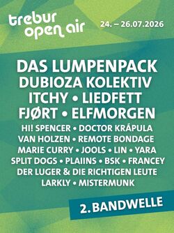 Poster vom Festival trebur open air 24.-26.07.2026 es zeigt eine Auflistung folgender Bands: Das Lumpenpack, Dubioza Kolektiv, Itchy, Liedfett, Fjort, Elfmorgen und andere.