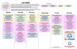 Das Bild zeigt tabellarisch die Angebote im Familienzentrum Trebur für Juli 2026