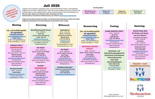 Das Bild zeigt tabellarisch die Angebote im Familienzentrum Trebur für Juli 2026