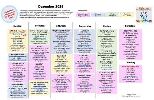 Angebote im Familienzentrum Trebur für Dezember 2025 das Bild zeigt die Angebote im Familienzentrum Trebur für Dezember 2025