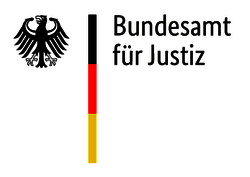 Logo des Bundesamtes für Justiz: Das Logo zeit links den Bundesadler, daneben die Farben Schwarz, Rot, Gold und den Schriftzug Bundesamt für Justiz