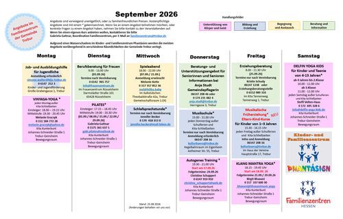 Angebote im Familienzentrum Trebur für September 2026 Das Bild zeigt tabellarisch die Angebote im Familienzentrum Trebur für September 2026