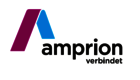 Das Bild zeigt das Logo der Firma amprion: ein lila und ein hellblauer streifen deuten ein "A" an darunter der Schriftzug "amprion verbindet"