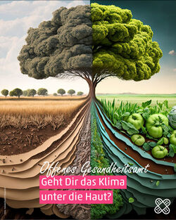 Auf dem Bild ist ein zweigeteilter Baum zu sehen. Auf der einen Seite Dürre und auf der anderen Seite leuchtendes Grün