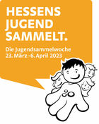 Das Bild zeigt das Logo Jugendsammelwoche Hessen. Abgebildet ist ein gezeichneter Junge der in der Hand geld hat.