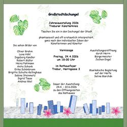 Informationen über die Jahresausstellung. Die gesamten Informationen sind im Pressetext vorhanden. Sie werden in der Grafik mit grünen Elementen und Blättern präsentiert.