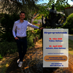 Das Bild zeigt Bürgermeister Jochen Engel mit einem Plakat für dem die nächsten Termine für die Bürgersprechstunde zu lesen sind