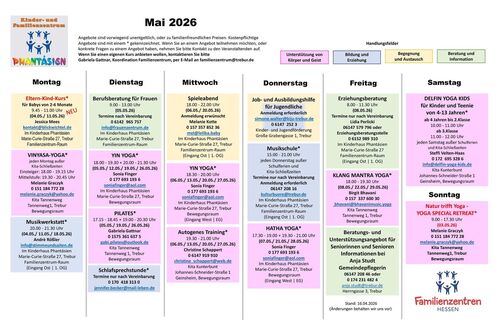 Das Bild zeigt tabellarisch die Angebote im Familienzentrum Trebur für Mai 2026 Das Bild zeigt tabellarisch die Angebote im Familienzentrum Trebur für Mai 2026