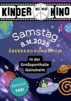Werbeflyer für das Kinderkino Das Bild zeigt den Werbeflyer für das Kinderkino am 08.11.2025; Auf dem Bild sind neben Informationen zur Veranstaltung Weltraummotive zu sehen