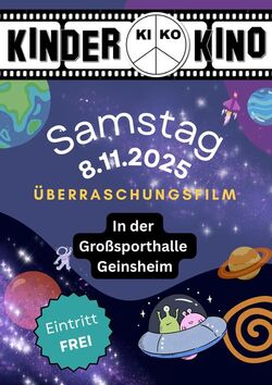Das Bild zeigt den Werbeflyer für das Kinderkino am 08.11.2025; Auf dem Bild sind neben Informationen zur Veranstaltung Weltraummotive zu sehen