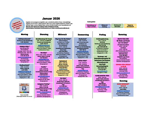 Angebote im Familienzentrum Trebur für Januar 2026 Das Bild zeigt eine tabellarische Übersicht der Angebote im Familienzentrum Trebur für Januar 2026
