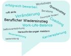 Auf dem Bild sehen Sie verschiedene Schlagwörter zur gestaltung eines beruflichen Werdegangs wie zum Beispiel: Workshops, Quereinstieg, Veränderung, Work-Life-Balance und viele mehr