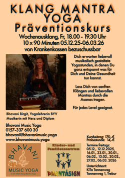 Das Bild zeigt ein Werbeposter mit Informationen zum Neuen Kurs 'KLANG MANTRA YOGA'
