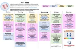 Das Bild zeigt tabellarisch die Angebote im Familienzentrum Trebur für Juni 2026