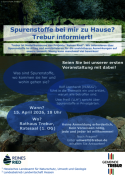 Plakat zur Infoveranstaltung Spurensuche. Bild mit Natur im Hintergrund. Es werden in blauen Blasen die Informationen aus dem Pressetext angezeigt.