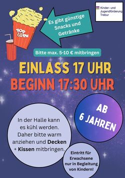 Das Bild zeigt die Rückseite des Werbeflyers für das Kinderkino am 08.11.2025; Auf dem Bild sind neben Informationen zur Veranstaltung eine Popcorntüte und glizernde Sterne zu sehen