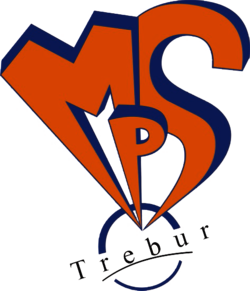 Das Bild zeigt das Logo der Mittelpunktschule Trebur: Die Buchstaben MPS in Orange mit dem Schriftzug Trebur darunter