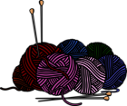 Die Zeichnung zeigt 7 Knäul farbiger Wolle und 4 Stricknadeln