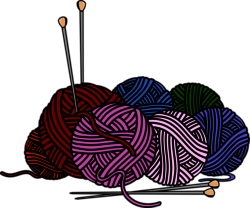 Die Zeichnung zeigt 7 Knäul farbiger Wolle und 4 Stricknadeln