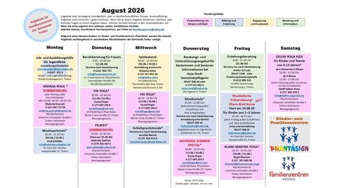 Das Bild zeigt tabellarisch die Angebote im Familienzentrum Trebur für August 2026