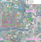 Das Bild zeigt einen Lageplan mit dem Östlichen Teil von Trebur. Auf dem Lageplan sind die planerischen Vorzugsvarianten für die geplante Ortsumgehung zu sehen