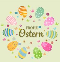 Das Bild zeigt einen Kreis mit Ostereiern, Schmetterlingen und Blumen. Im Kreis steht Frohe Ostern