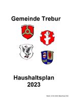 Das Bild zeigt das Deckblatt des Haushaltsplanes 2023 und zeigt die vier Wappen der Großgemeinde Trebur