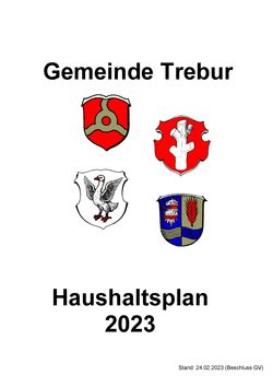 Das Bild zeigt das Deckblatt des Haushaltsplanes 2023 und zeigt die vier Wappen der Großgemeinde Trebur