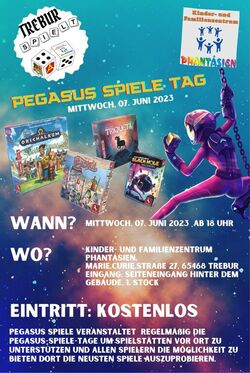 Auf dem Plakat ist die Einladung zum Pegasus-Spieletag zu sehen