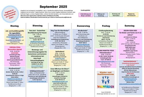 Dieses Bild behinhaltet die Angebote im Familienzentrum Trebur für September 2025