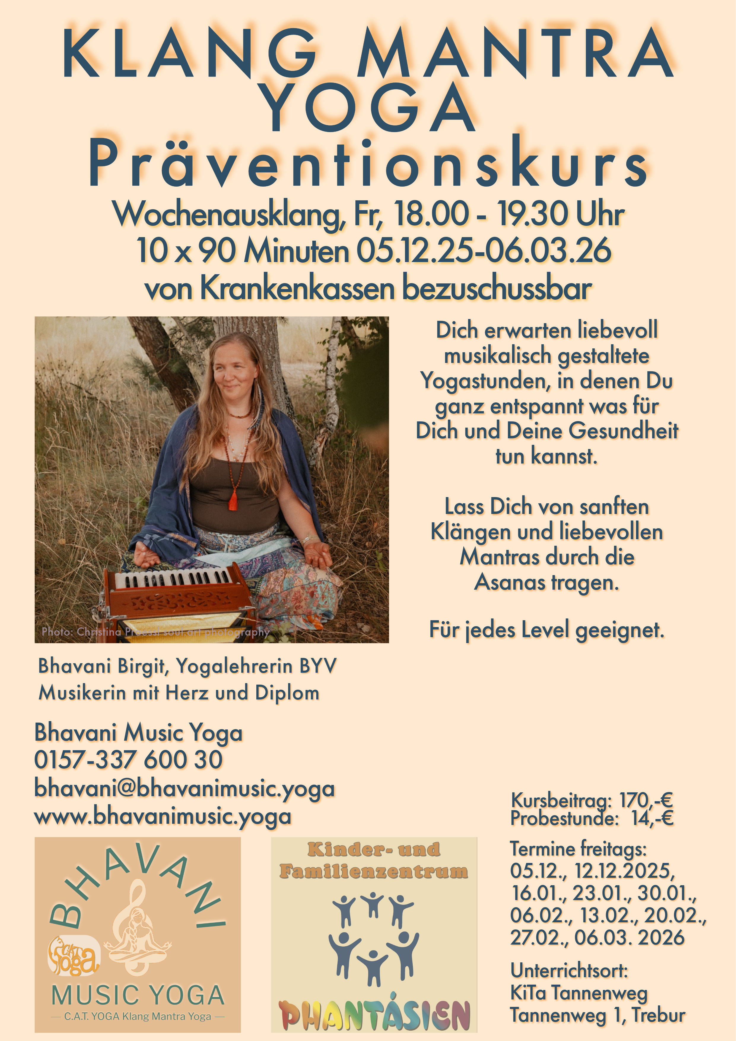 Das Bild zeigt ein Werbeposter mit Informationen zum Neuen Kurs 'KLANG MANTRA YOGA'